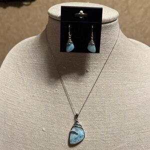 Sterling Silver Large Irregular Shape Larimar Pendant Necklace w/ Earrings